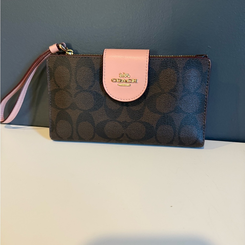 Coach Signature Brown Wristlet with Pink Trim